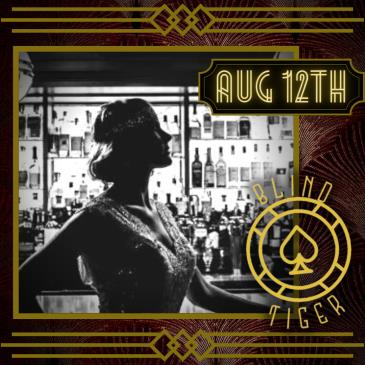 August Playlist black and white photo of woman in 50s garb at bar