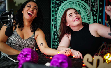 two girls laughing