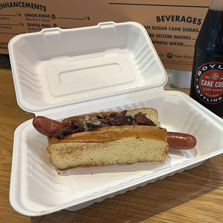 hot dog and glass bottle of cola