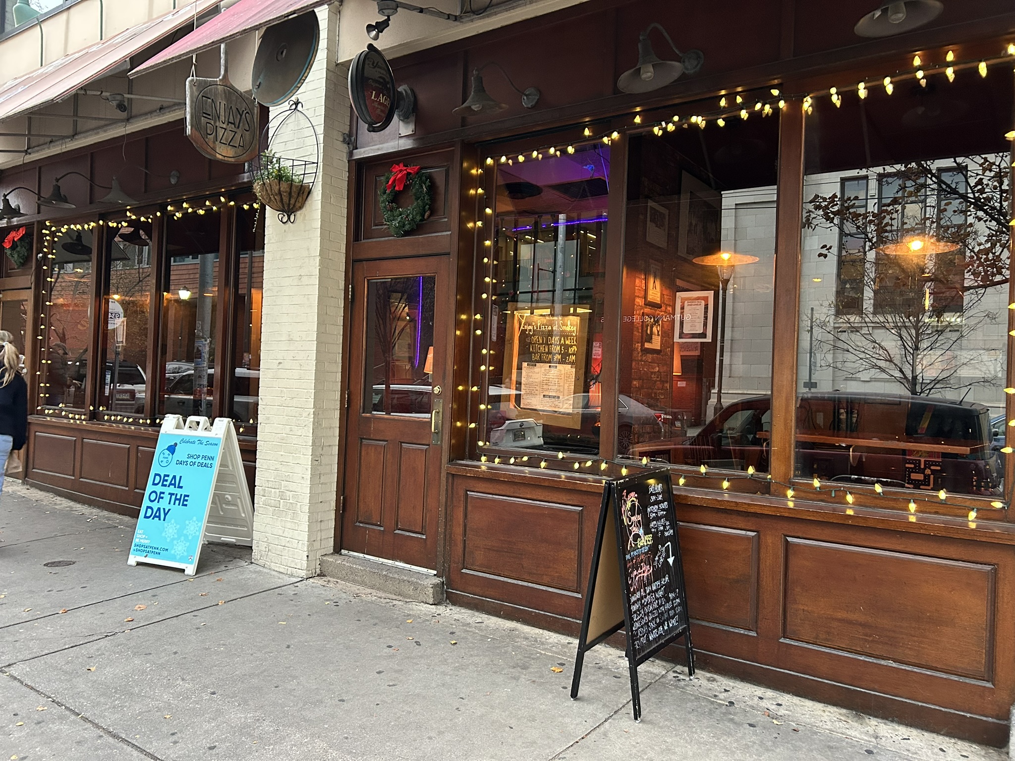 restaurant window decorated for holidays
