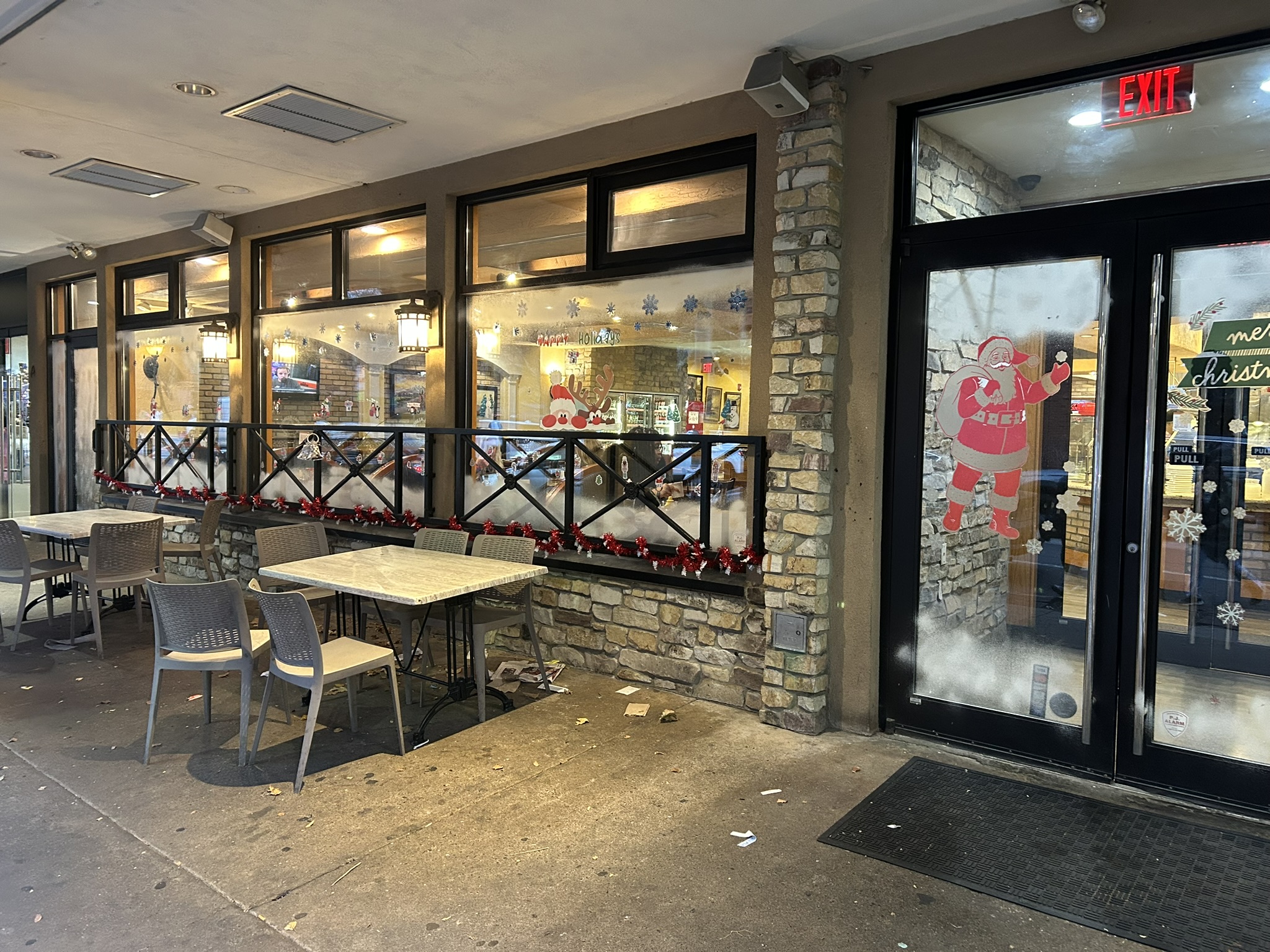 restaurant window decorated for holidays