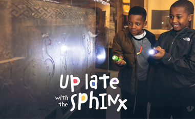 two boys in a museum with flashlights