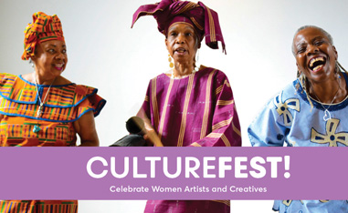 three african-american women in traditional garb before a white background