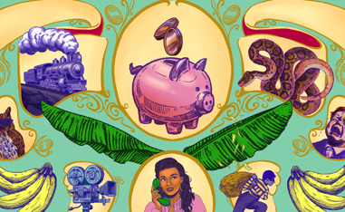 illustrative graphic featuring images like a snake, a piggy bank, a woman on a phone and a train engine