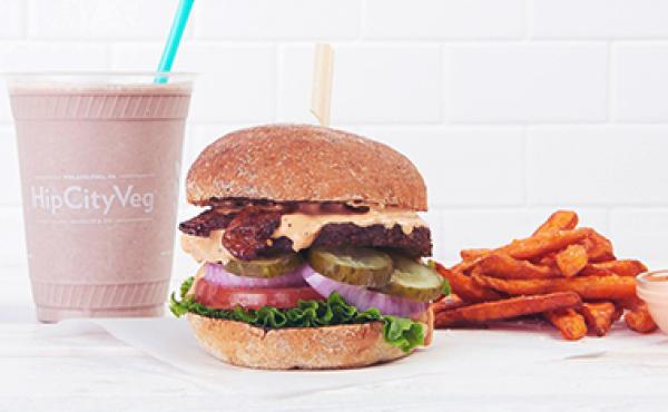 A delicious vegan burger milkshake and fries made by HipCityVeg.