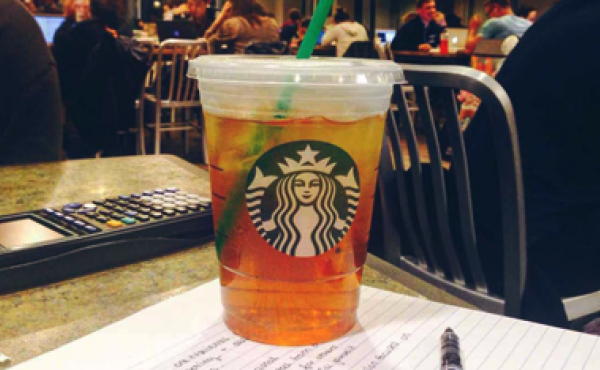 Drink on a table in Starbucks.