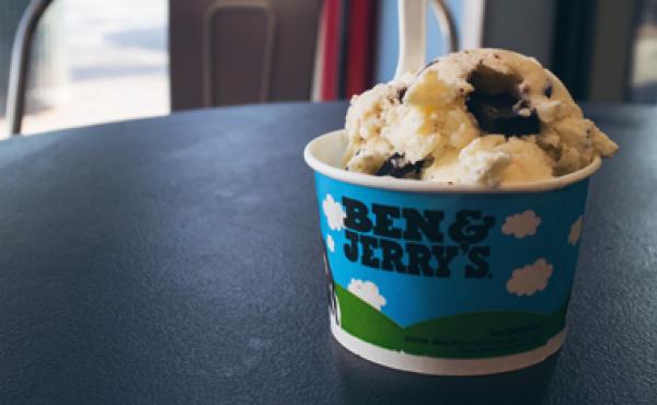 A cup of ice cream from Ben & Jerry’s.