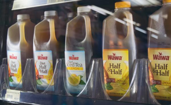 Cold beverages on display at Wawa.