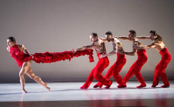 Four men ballet dancers and one female ballet dancer in front of a white background