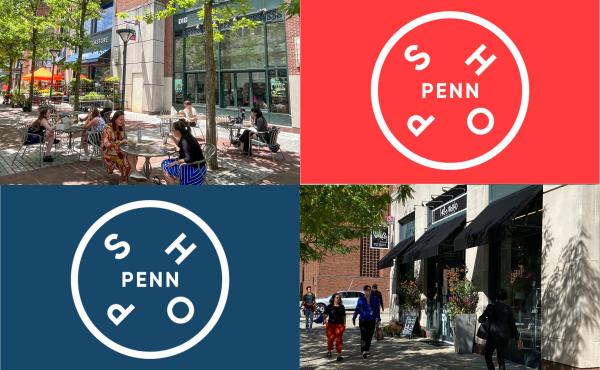 four boxes with two pictures of people on the sidewalks and two shop penn logos