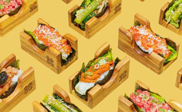 sushi rolls on a yellow mustard background
