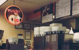 Inside Dunkin' Donuts.