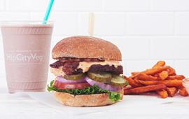 A delicious vegan burger milkshake and fries made by HipCityVeg.